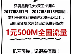 腾讯大/天王卡用户累冲200元可升级至1元500M全国流量