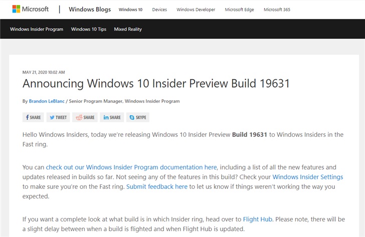 微软发布Win10 Build 19631 快速预览版