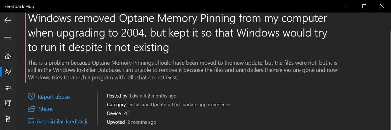 Win10版本2004与Intel Optane不兼容