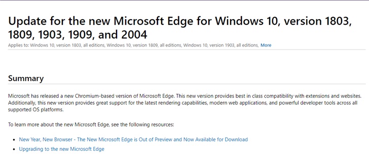 微软向Win10版本2004发布Chromium版Edg