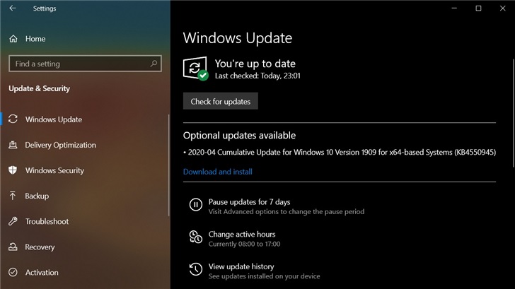 微软放出Win10 KB4550945可选更新